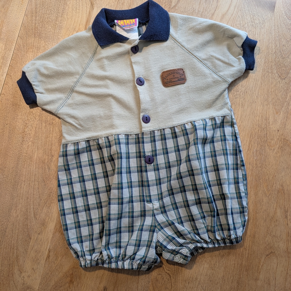 Vintage Plaid Baby Romper with Navy Accents